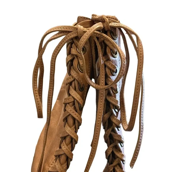 Apepazza Italian Leather Lace Up Knee High Tan EU 40 US 9 - Picture 4 of 11